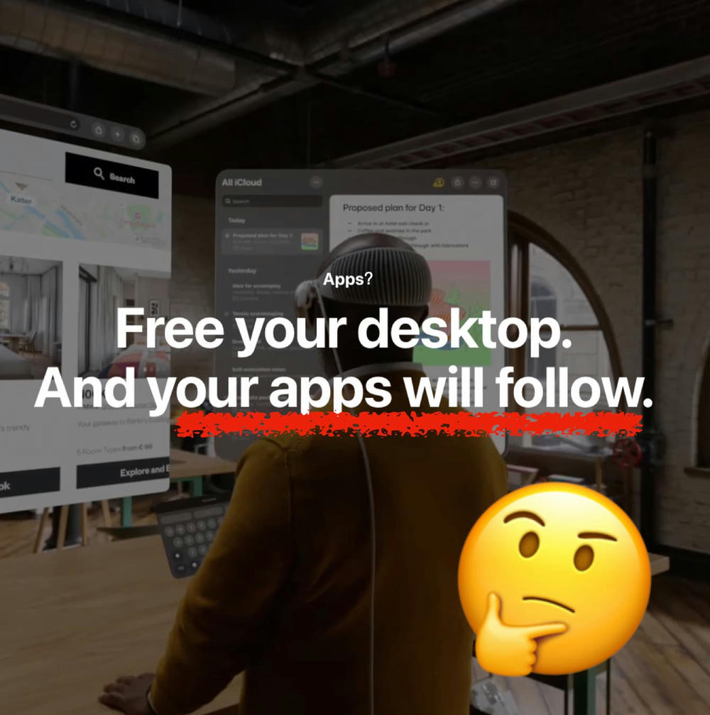 Person som använder flera virtuella skrivbord och appar med texten ‘Free your desktop. And your apps will follow.’ och en tänkande emoji. Bakgrunden visar en modern kontorsmiljö. Person som använder flera virtuella skrivbord och appar med texten ‘Free your desktop. And your apps will follow.’ och en tänkande emoji. Bakgrunden visar en modern kontorsmiljö.