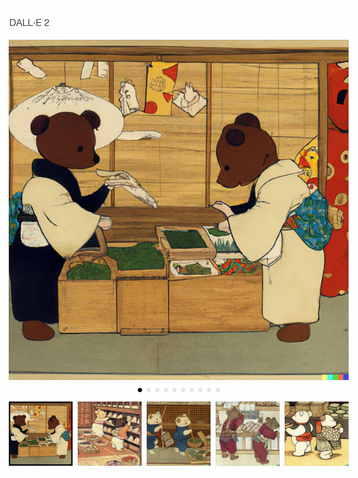 AI-konst, en illustration i traditionell japansk stil som visar två björnar i kimono som säljer varor på en marknad. AI-konst, en illustration i traditionell japansk stil som visar två björnar i kimono som säljer varor på en marknad.