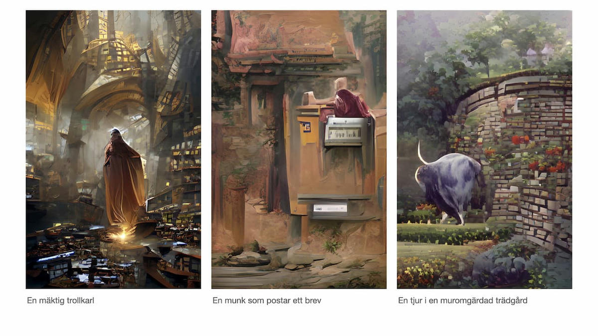 Tre digitala konstverk: till vänster en mäktig trollkarl i en stor magisk sal, i mitten en munk som postar ett brev i en brevlåda, och till höger en tjur som står i en muromgärdad trädgård. Tre digitala konstverk: till vänster en mäktig trollkarl i en stor magisk sal, i mitten en munk som postar ett brev i en brevlåda, och till höger en tjur som står i en muromgärdad trädgård.