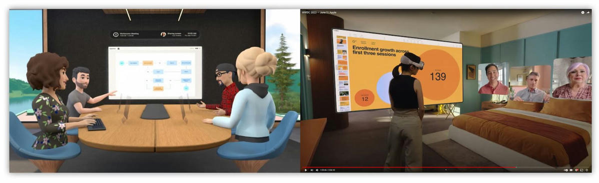 Virtuella möten i ett metaversum, där avatarer deltar i ett möte runt ett bord och en person använder VR-headset för att presentera data. Bilden visar också människor som deltar i ett möte på distans genom videosamtal. Virtuella möten i ett metaversum, där avatarer deltar i ett möte runt ett bord och en person använder VR-headset för att presentera data. Bilden visar också människor som deltar i ett möte på distans genom videosamtal.