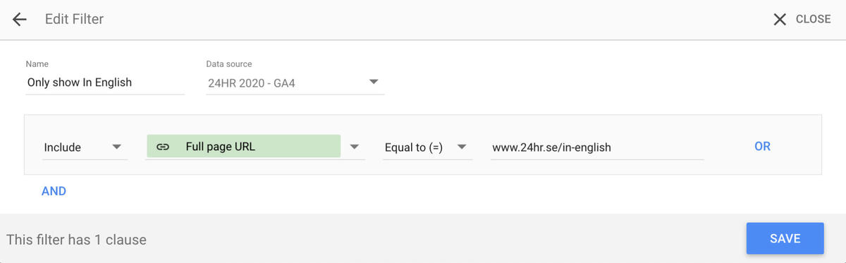 Skapa ett filter i Google Analytics för att endast visa sidor på engelska. Inkludera fullständig sid-URL som är lika med ‘www.TwoFour.se/in-english’ och spara ändringarna. Skapa ett filter i Google Analytics för att endast visa sidor på engelska. Inkludera fullständig sid-URL som är lika med ‘www.TwoFour.se/in-english’ och spara ändringarna.