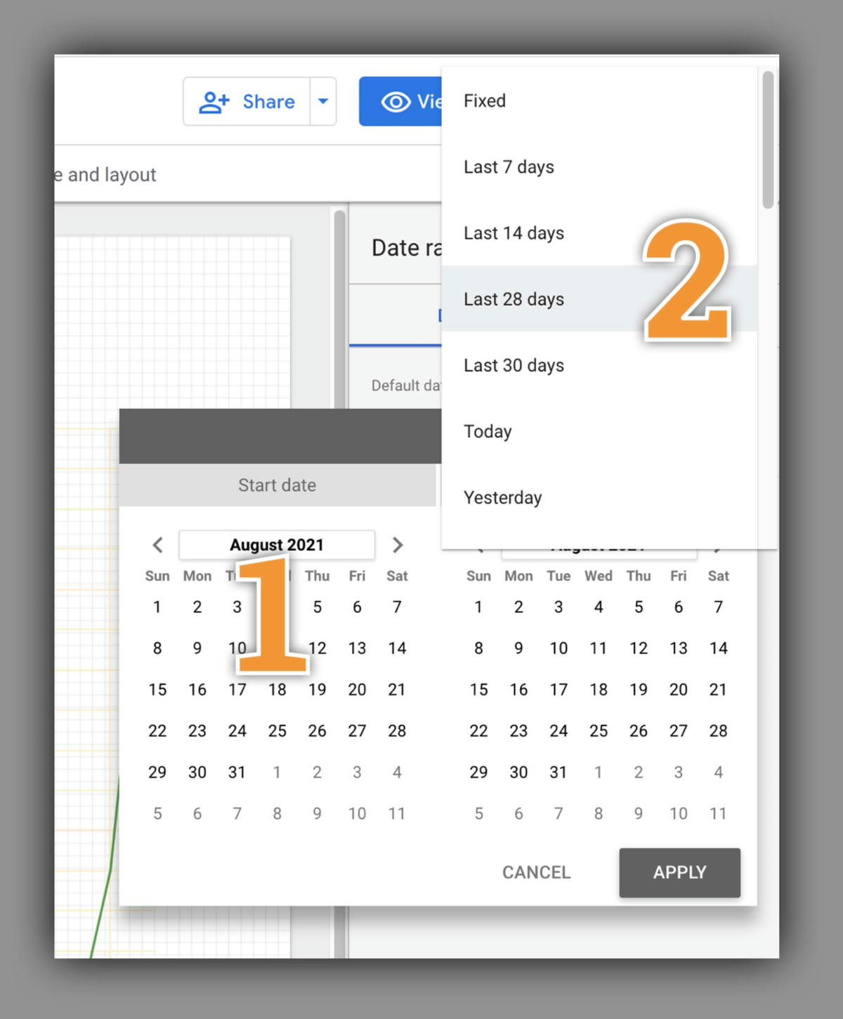 Google Analytics datumsintervalsväljare med kalender för att välja startdatum och alternativ för att välja de senaste 7, 14, 28 eller 30 dagarna, idag eller igår. Google Analytics datumsintervalsväljare med kalender för att välja startdatum och alternativ för att välja de senaste 7, 14, 28 eller 30 dagarna, idag eller igår.