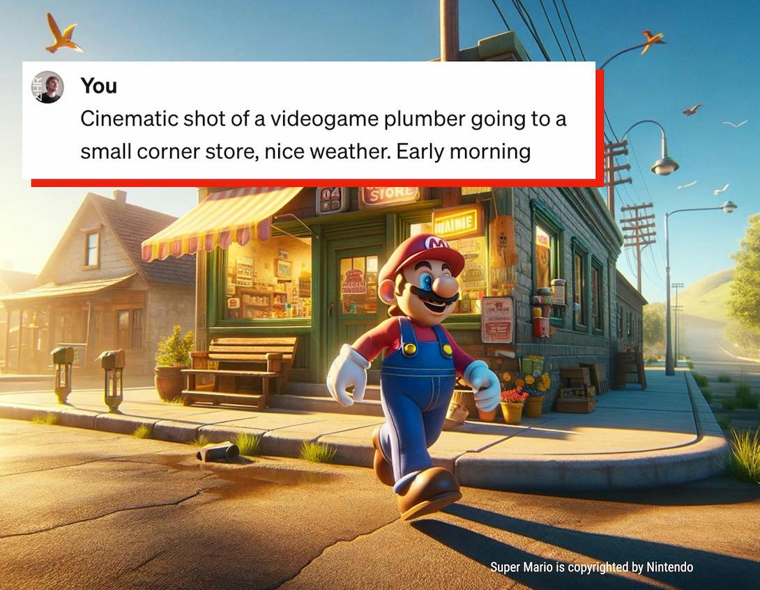 Cinematisk bild av en tv-spelsrörmokare som går till en liten närbutik på morgonen, med fint väder. Tv-spelskaraktären Mario från Nintendo promenerar på en gata med affärer i bakgrunden. Cinematisk bild av en tv-spelsrörmokare som går till en liten närbutik på morgonen, med fint väder. Tv-spelskaraktären Mario från Nintendo promenerar på en gata med affärer i bakgrunden.