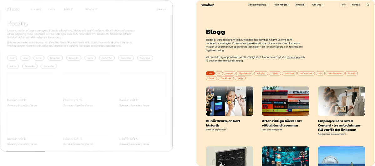 Wireframe och färdig webbsida Wireframe och färdig webbsida