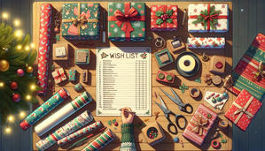 Överblick av ett träbord fyllt med julklappar, presentpapper, tejp, saxar och andra inslagningsmaterial, samt en önskelista i mitten som någon håller på att fylla i. En julgran dekorerad med ljus och kulor syns i bakgrunden.