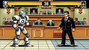 Videospel-scen i retrostil som visar en robot och en advokat som står emot varandra i en rättssal, med domare och åhörare i bakgrunden. Poängtavlan visar nummer 38.